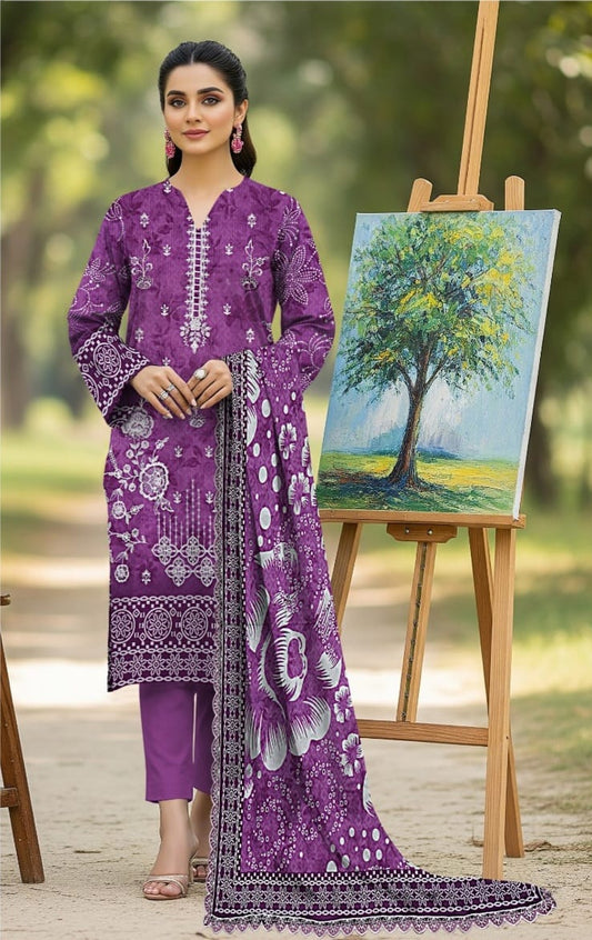 3 PIECE- LUXURY LAWN EMBROIDERY & DUPPATTA 4 SIDE PATI  UNSTITCHED SUMMER 26-NEW ARRIVALS
