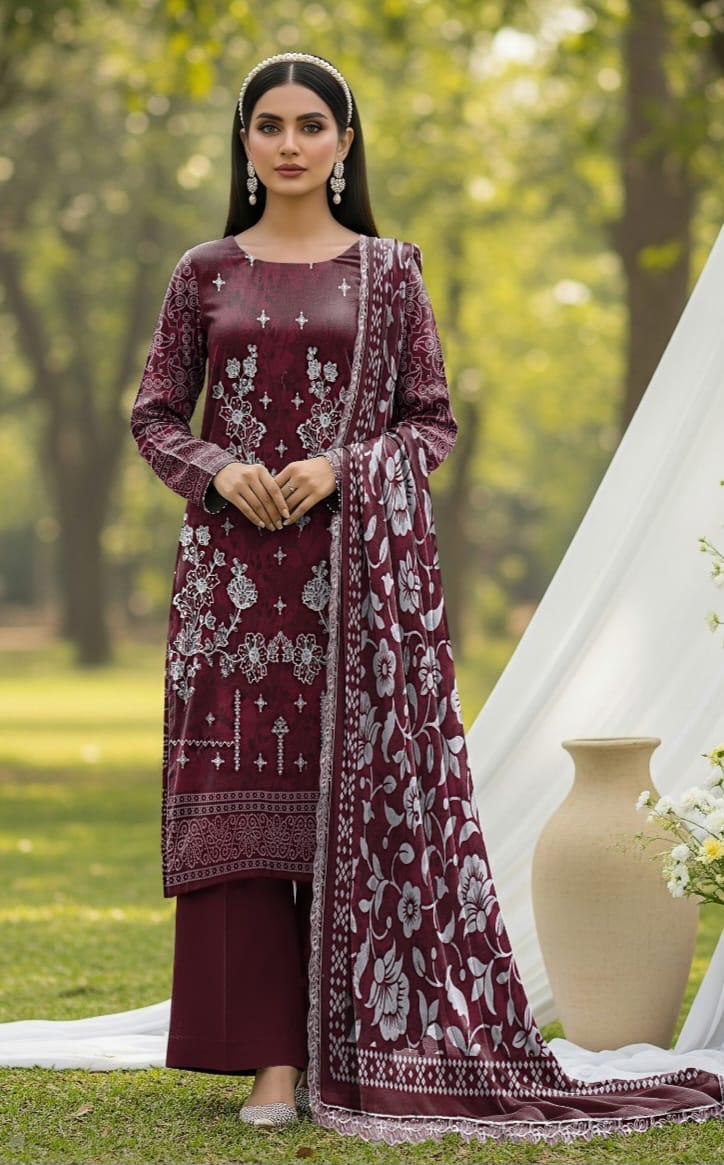 3 PIECE- LUXURY LAWN EMBROIDERY & DUPPATTA 4 SIDE PATI  UNSTITCHED SUMMER 26-NEW ARRIVALS