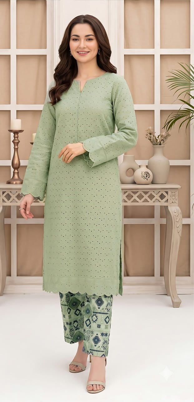 2 PIECE-LAWN HEAVILY EMBROIDERED CHIKENKARI SHIRT & DIGITEL PRINTED TROUSER UNSTITCHED SUMMER 26-NEW ARRIVALS