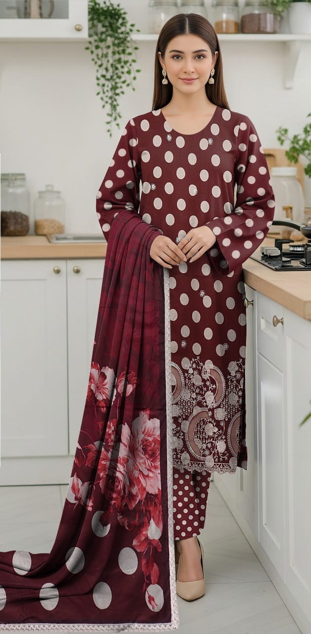 3 PIECE- POLKA DOT DIGITEL PRINTED LAWN EMBROIDERY & READY TO WEAR DUPPATTA UNSTITCHED SUMMER 26-NEW ARRIVALS
