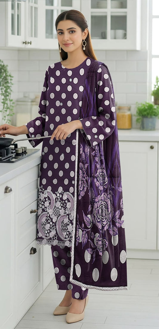 3 PIECE- POLKA DOT DIGITEL PRINTED LAWN EMBROIDERY & READY TO WEAR DUPPATTA UNSTITCHED SUMMER 26-NEW ARRIVALS