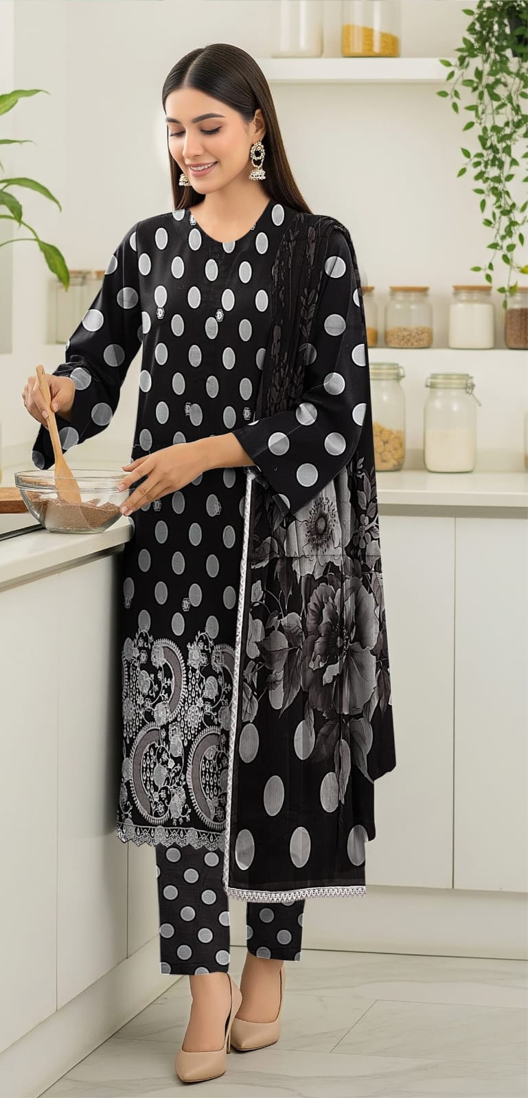 3 PIECE- POLKA DOT DIGITEL PRINTED LAWN EMBROIDERY & READY TO WEAR DUPPATTA UNSTITCHED SUMMER 26-NEW ARRIVALS