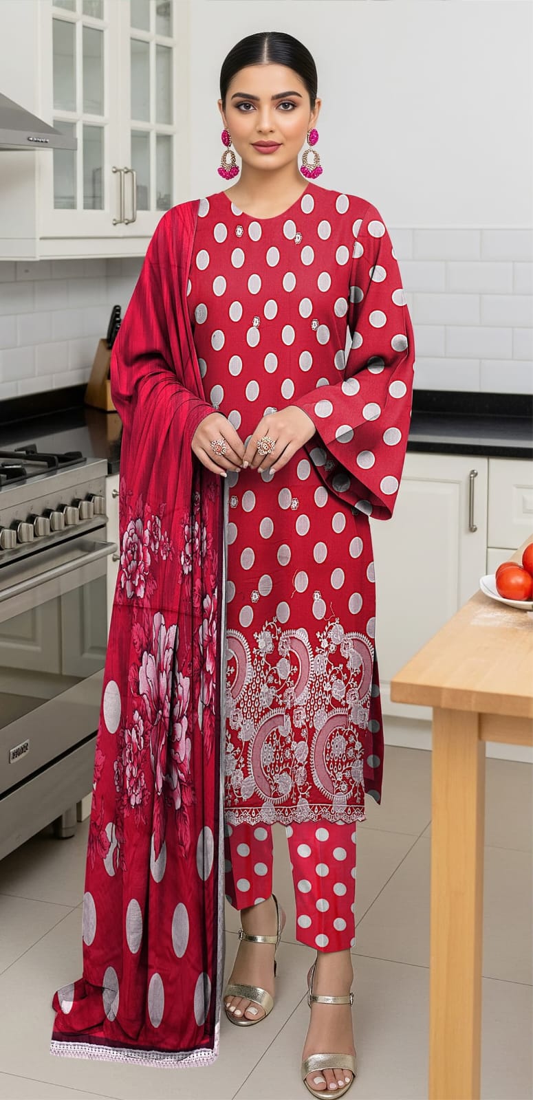 3 PIECE- POLKA DOT DIGITEL PRINTED LAWN EMBROIDERY & READY TO WEAR DUPPATTA UNSTITCHED SUMMER 26-NEW ARRIVALS