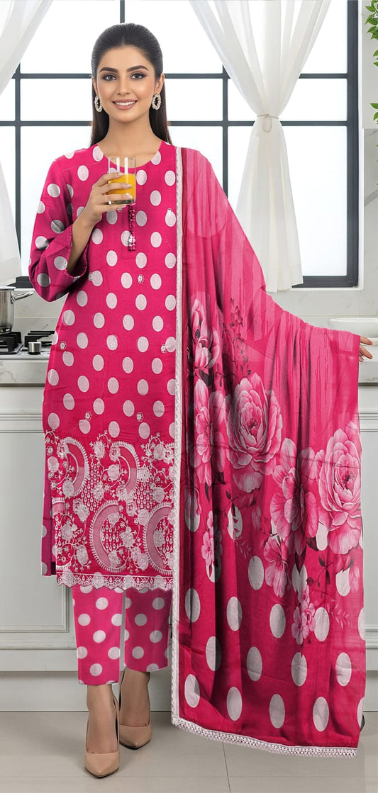3 PIECE- POLKA DOT DIGITEL PRINTED LAWN EMBROIDERY & READY TO WEAR DUPPATTA UNSTITCHED SUMMER 26-NEW ARRIVALS