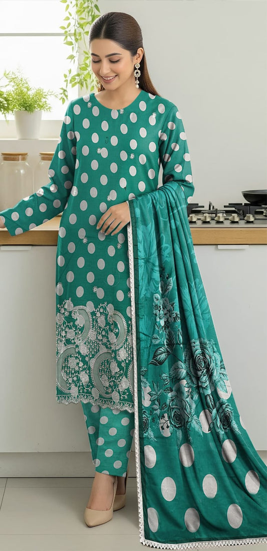 3 PIECE- POLKA DOT DIGITEL PRINTED LAWN EMBROIDERY & READY TO WEAR DUPPATTA UNSTITCHED SUMMER 26-NEW ARRIVALS