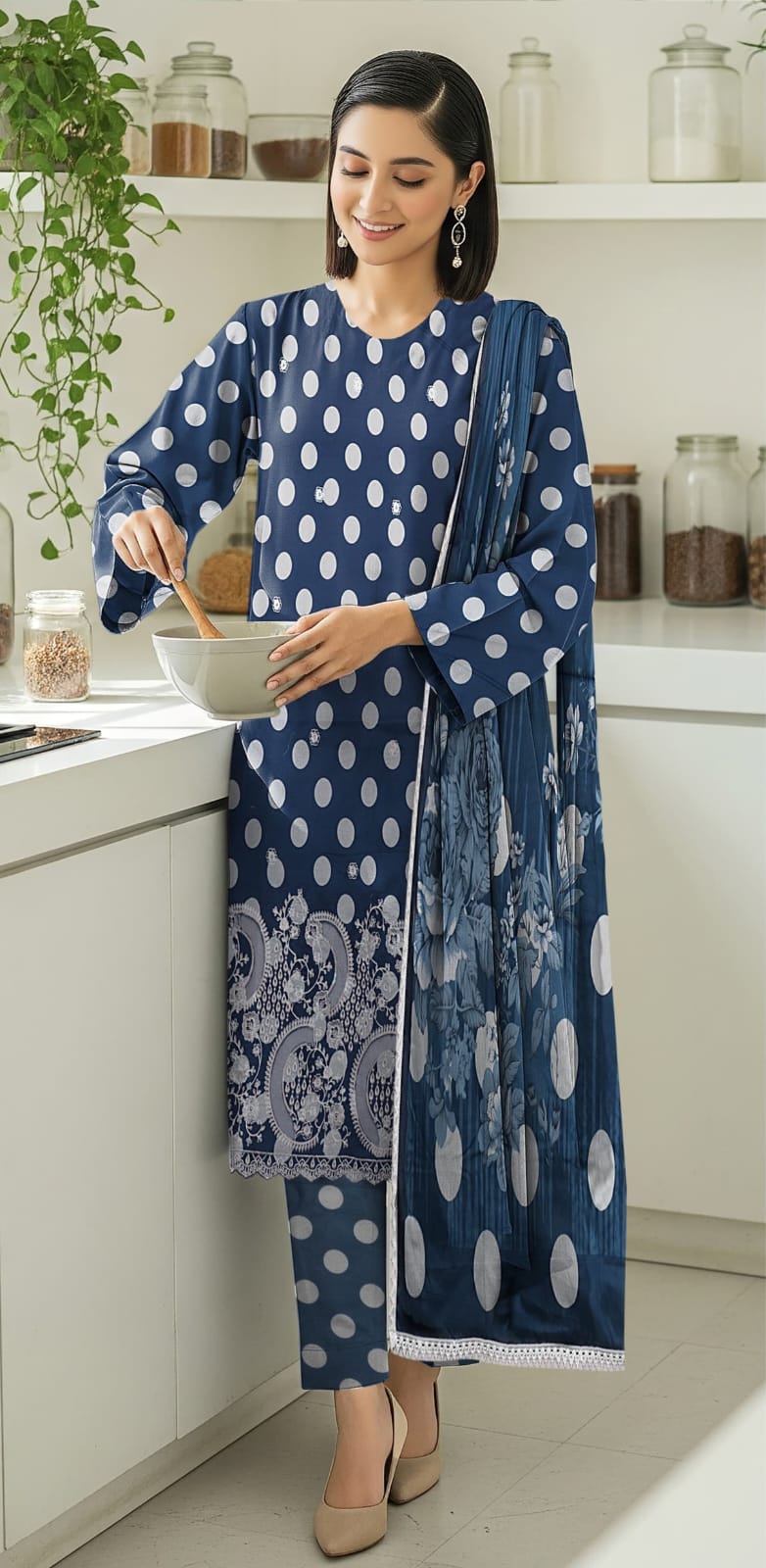 3 PIECE- POLKA DOT DIGITEL PRINTED LAWN EMBROIDERY & READY TO WEAR DUPPATTA UNSTITCHED SUMMER 26-NEW ARRIVALS