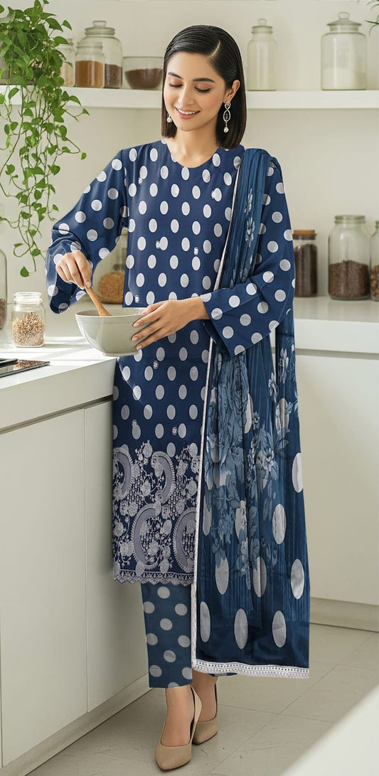 3 PIECE- POLKA DOT DIGITEL PRINTED LAWN EMBROIDERY & READY TO WEAR DUPPATTA UNSTITCHED SUMMER 26-NEW ARRIVALS