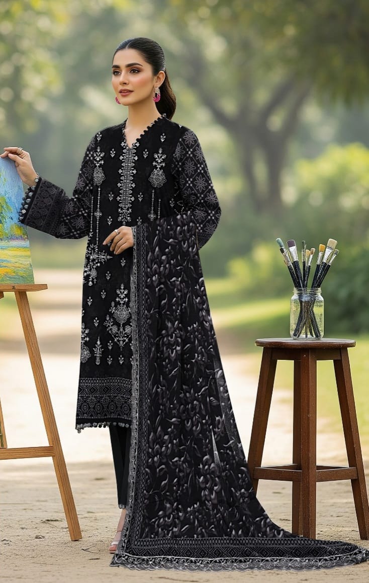 3 PIECE- LUXURY LAWN EMBROIDERY & DUPPATTA 4 SIDE PATI  UNSTITCHED SUMMER 26-NEW ARRIVALS