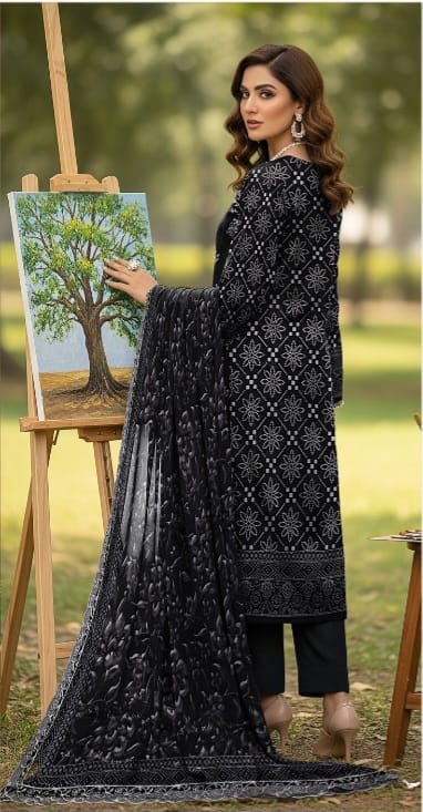 3 PIECE- LUXURY LAWN EMBROIDERY & DUPPATTA 4 SIDE PATI  UNSTITCHED SUMMER 26-NEW ARRIVALS