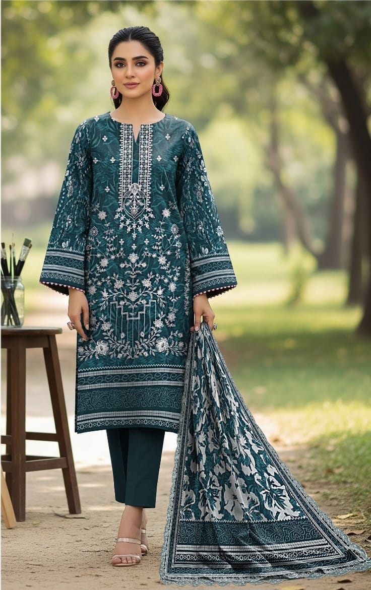 3 PIECE- LUXURY LAWN EMBROIDERY & DUPPATTA 4 SIDE PATI  UNSTITCHED SUMMER 26-NEW ARRIVALS