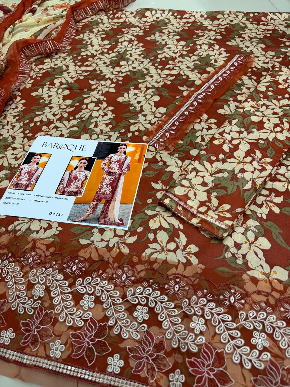 3 PIECE- LUXURY LAWN EMBROIDERY PATCHES ON ORGANZA & 2 MOTIF DUPPATTA UNSTITCHED SUMMER 26-NEW ARRIVALS