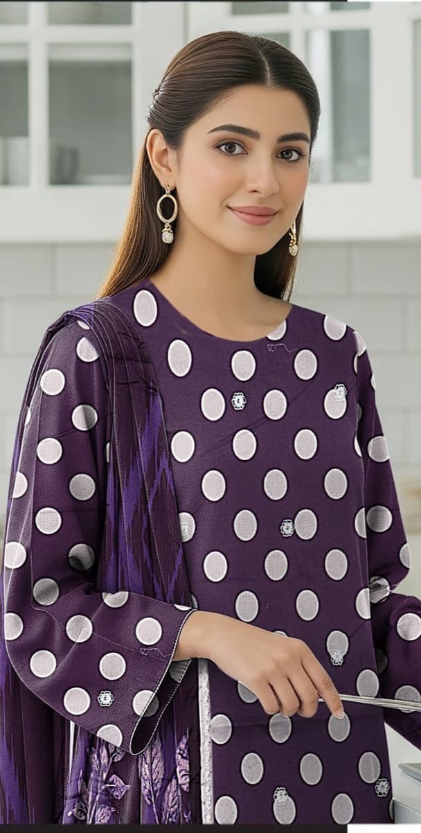 3 PIECE- POLKA DOT DIGITEL PRINTED LAWN EMBROIDERY & READY TO WEAR DUPPATTA UNSTITCHED SUMMER 26-NEW ARRIVALS