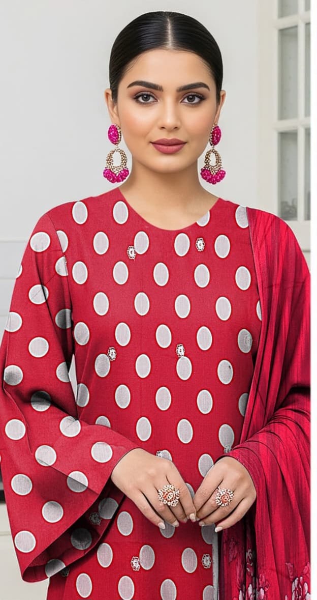 3 PIECE- POLKA DOT DIGITEL PRINTED LAWN EMBROIDERY & READY TO WEAR DUPPATTA UNSTITCHED SUMMER 26-NEW ARRIVALS