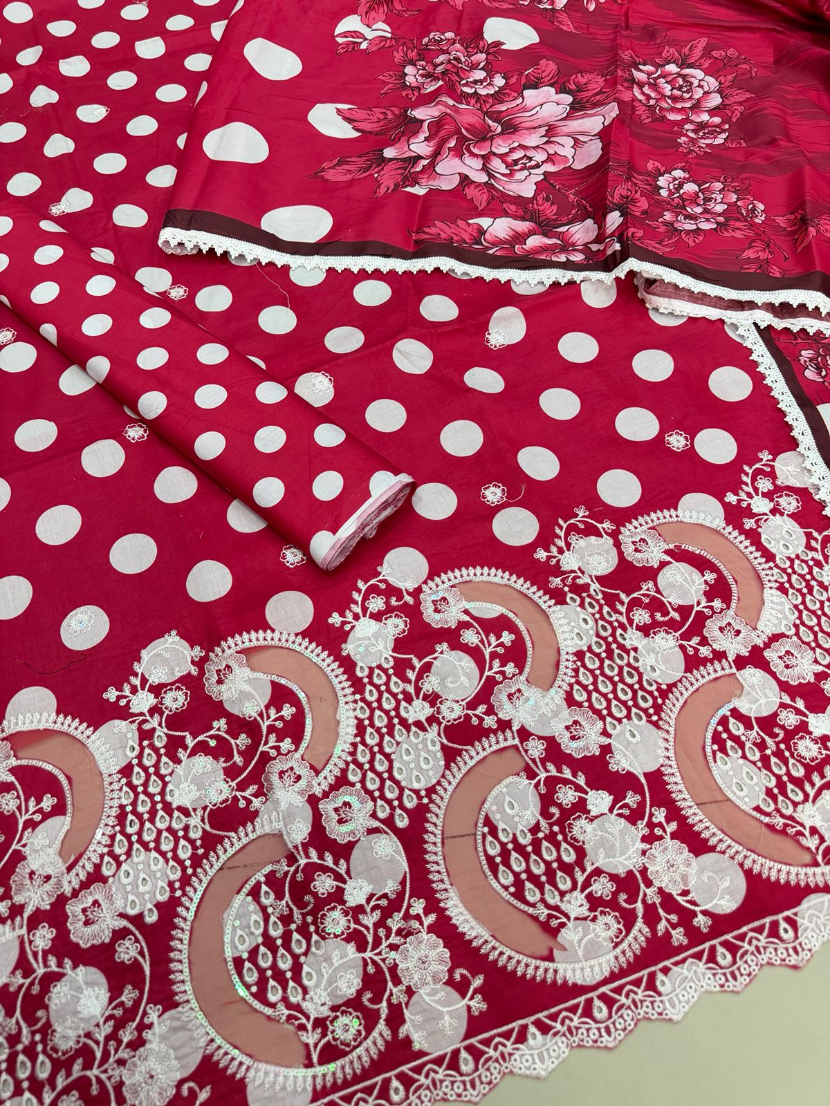 3 PIECE- POLKA DOT DIGITEL PRINTED LAWN EMBROIDERY & READY TO WEAR DUPPATTA UNSTITCHED SUMMER 26-NEW ARRIVALS