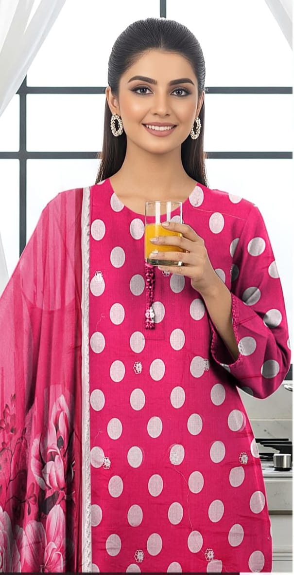 3 PIECE- POLKA DOT DIGITEL PRINTED LAWN EMBROIDERY & READY TO WEAR DUPPATTA UNSTITCHED SUMMER 26-NEW ARRIVALS