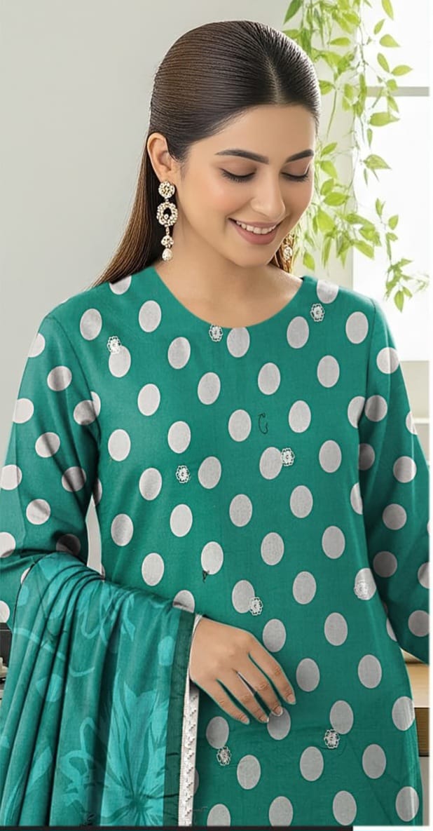 3 PIECE- POLKA DOT DIGITEL PRINTED LAWN EMBROIDERY & READY TO WEAR DUPPATTA UNSTITCHED SUMMER 26-NEW ARRIVALS