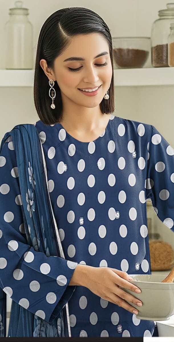 3 PIECE- POLKA DOT DIGITEL PRINTED LAWN EMBROIDERY & READY TO WEAR DUPPATTA UNSTITCHED SUMMER 26-NEW ARRIVALS