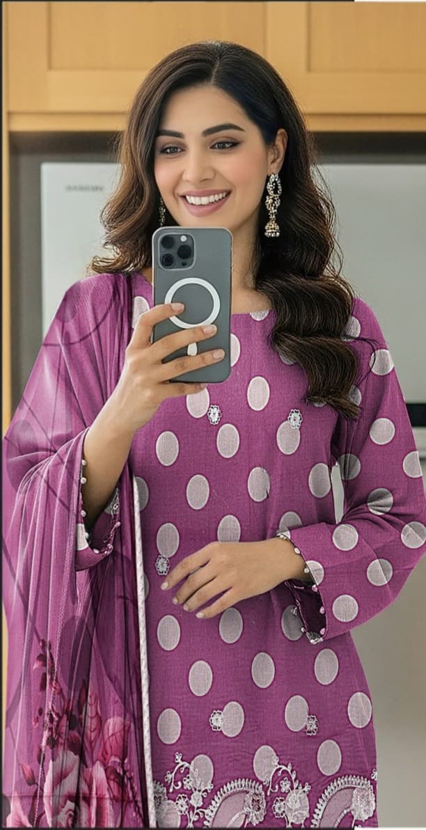 3 PIECE- POLKA DOT DIGITEL PRINTED LAWN EMBROIDERY & READY TO WEAR DUPPATTA UNSTITCHED SUMMER 26-NEW ARRIVALS