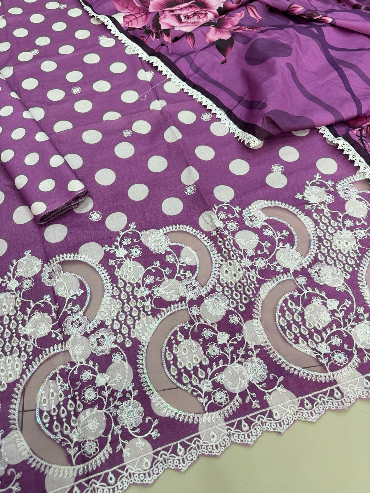 3 PIECE- POLKA DOT DIGITEL PRINTED LAWN EMBROIDERY & READY TO WEAR DUPPATTA UNSTITCHED SUMMER 26-NEW ARRIVALS